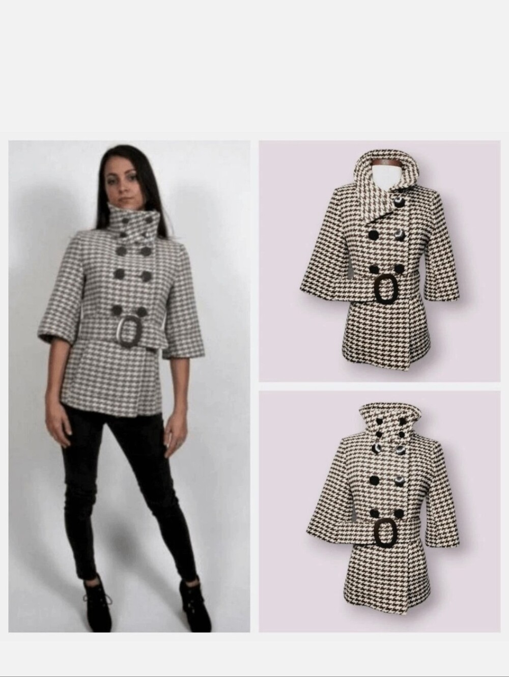 Soia & Kyo  Cream& Beige Houndstooth Wool Coat with Belt Sz.M